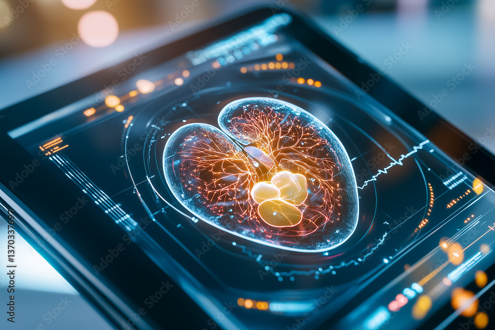 Poster digital heart visualization on tablet reveals intricate patterns and structures. modern healthcare s