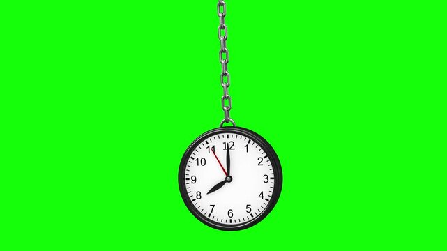 3d animation of a swinging clock on a green screen