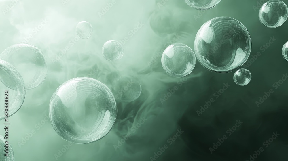 Poster ethereal green background with floating transparent bubbles and misty atmosphere for abstract visual