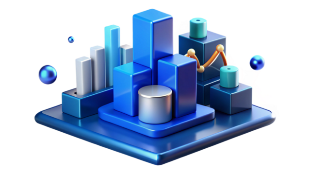 Transparent Digital 3D Stock Market Analysis in PNG with Growth Charts and Financial Investment Data.