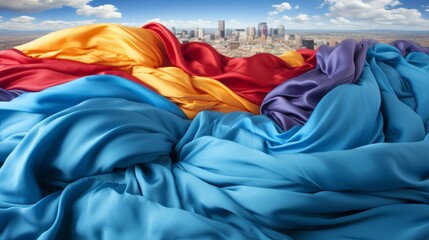 International Day Against Homophobia. A rainbow flag fluttering against a cityscape where people of different orientations and nationalities are united in a show of love and support. 