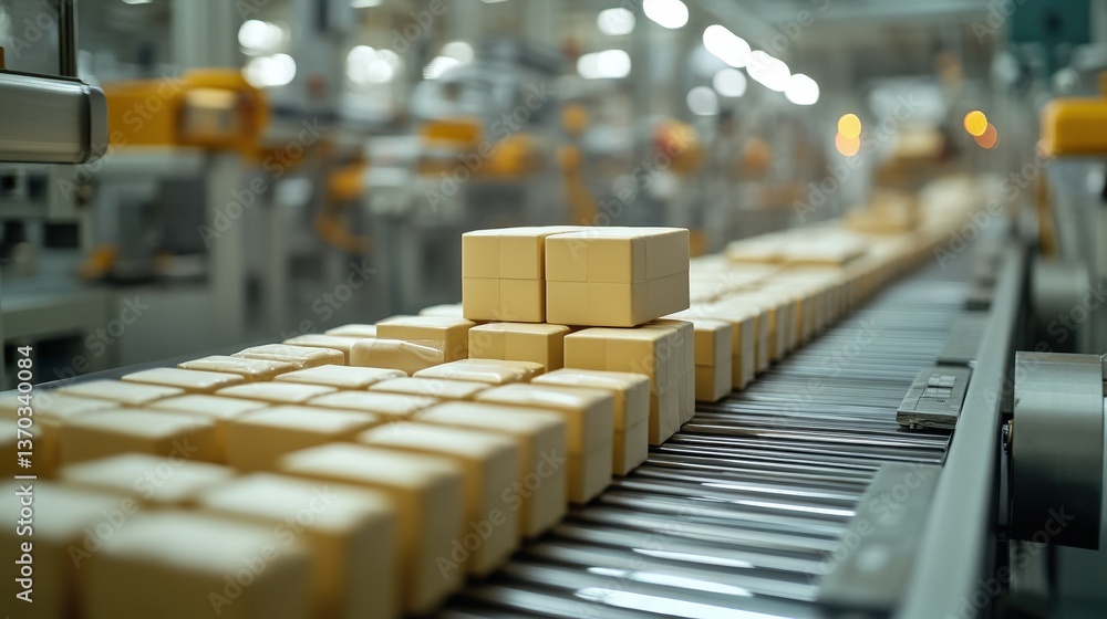 Poster automated production line conveyor belt carrying numerous uniformly sized packages. a close-up view 