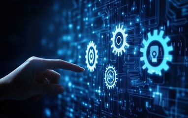 Digital Transformation: A futuristic image depicts a hand interacting with a digital interface composed of interconnected gears, symbolizing technological progress and innovation.