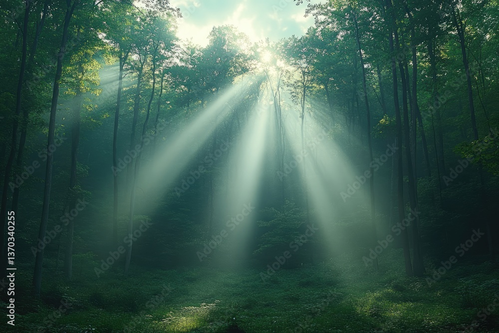 Aufkleber sunlight streams through trees in a forest, creating ethereal rays of light through the mist