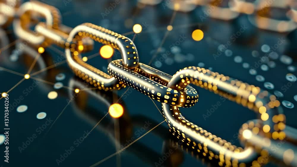 Poster a detailed close-up of a golden chain link surrounded by interconnected data points, depicting the c