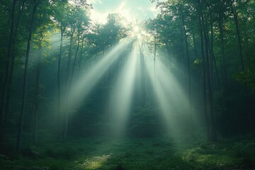 Sunlight streams through trees in a forest, creating ethereal rays of light through the mist
