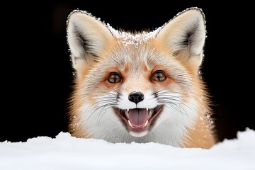 Fototapeta premium Close-Up of a Red Fox in the Snow, Detailed Portrait with Fur Dusted in Snow, Fox Gaze, Wildlife Photography, Winter Forest Animal, Curious Fox, Nature Portrait, Snowy Landscape