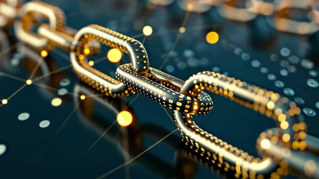 A detailed close-up of a golden chain link surrounded by interconnected data points, depicting the concept of digital connectivity and technology in a vibrant setting.
