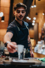 A skilled barista pouring coffee in a trendy cafe, demonstrating craftsmanship and style.
