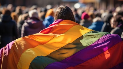 International Day Against Homophobia. A rainbow flag fluttering against a cityscape where people of different orientations and nationalities are united in a show of love and support. 