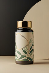 Refined and minimalist dark glass bottle with botanical herb illustration golden accent ideal for vitamins or medicine packaging clean design Premium Stock Photo for Mock Up