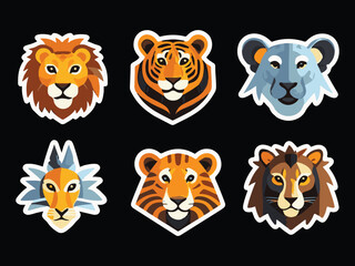 Fototapeta premium Lion and Tiger Cartoon Head Stickers Colorful Feline Icon Set with White Outline