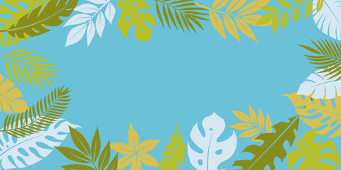 Vector illustration of tropical leaves framing a blue background, with vibrant colors and detailed foliage.