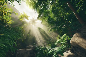 Sunlight Streaming Through Dense Rainforest Canopy, Tropical Plants and Lush Greenery, Vibrant Jungle Landscape, Tropical Ambiance, Rainforest Exploration, Nature Photography