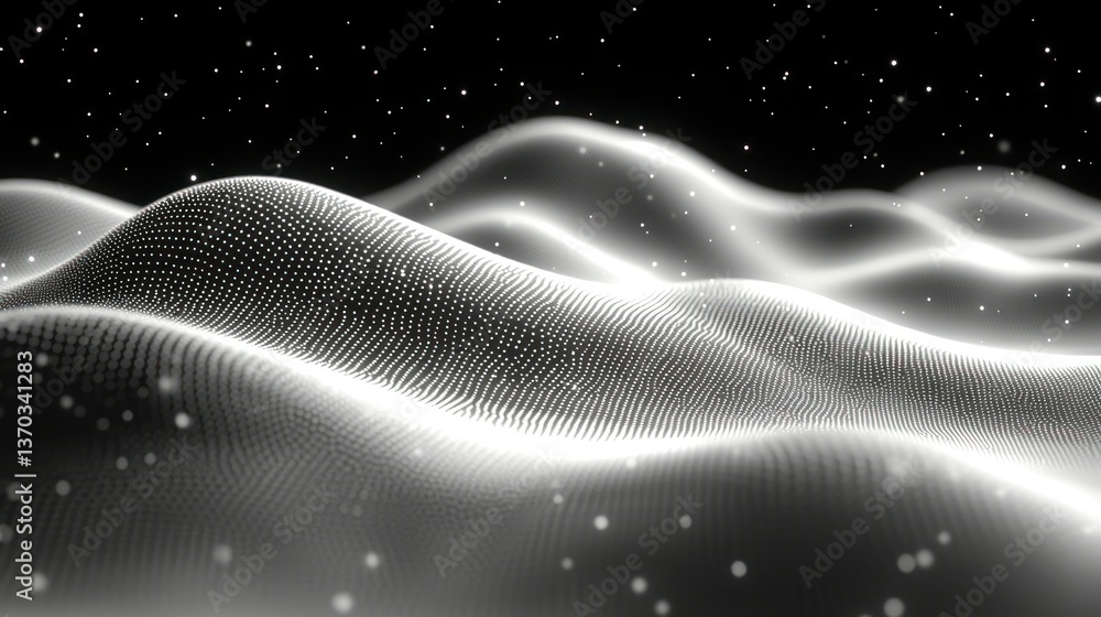 Poster abstract grayscale landscape of undulating hills and particles, evoking a sense of serenity and myst