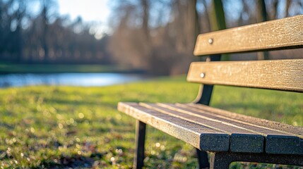 Fototapeta premium A serene park bench by a glistening pond, surrounded by lush greenery and dappled sunlight, inviting relaxation and contemplation.