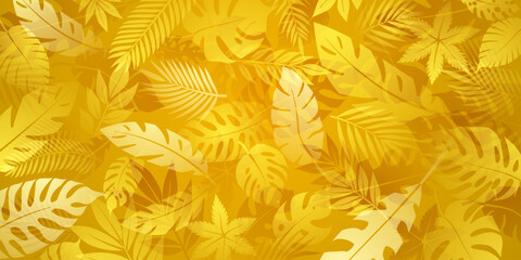 A detailed vector illustration featuring a vibrant leaf pattern in golden tones. The design is intricate, with various leaf shapes and sizes, creating a lush, tropical feel.