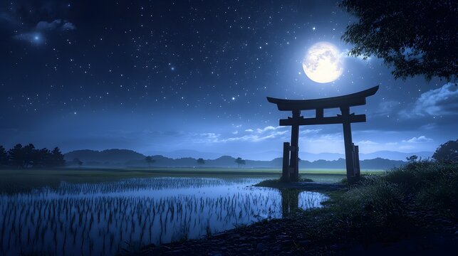 A traditional Japanese torii gate at the edge of a rice field, glowing under moonlight - Powered by Adobe