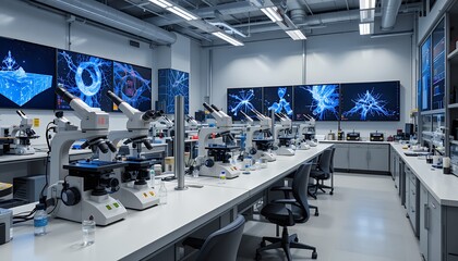 Modern Bright Scientific Laboratory With Multiple Microscopes And Data