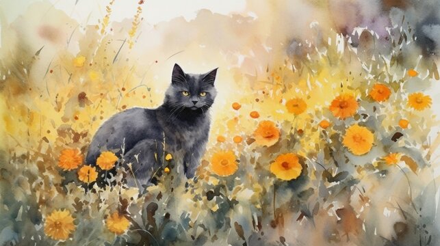 A confident gray cat leisurely strolling through a vibrant sunflower field during a golden summer afternoon the warm breeze rustling the flowers conveying the cat's carefree attitude amid nature's bea