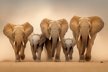 Herd of Elephants Walking Across the African Plains, Majestic Group of Elephants Moving in Unison, Dust Swirling on Savanna, African Wildlife, Nature Photography, Animal Migration