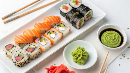 Sushi and rolls, on a white plate