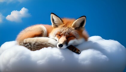 Fototapeta premium A Tranquil Fox Sleeping on a Fluffy Cloud Beneath the Bright Blue Sky
