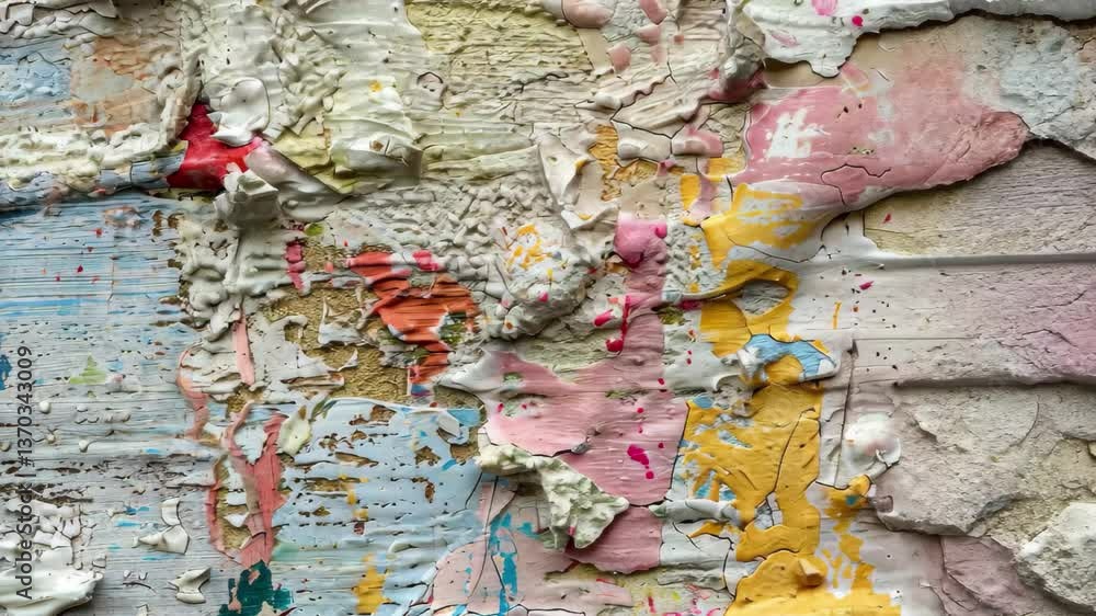 Poster layers of paint blend together on a textured surface, revealing a rich tapestry of colors and patter