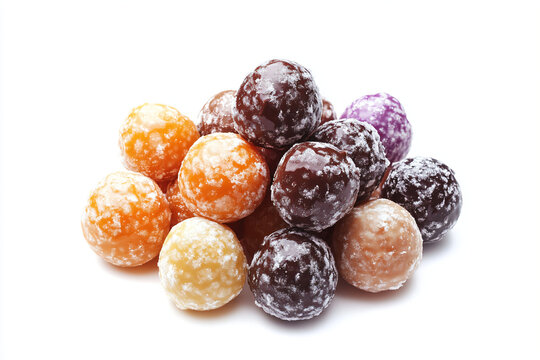 a pile of assorted candies on a white surface