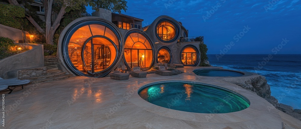 Poster unique circular home design overlooking ocean. pools and trees visible. lights shine in windows