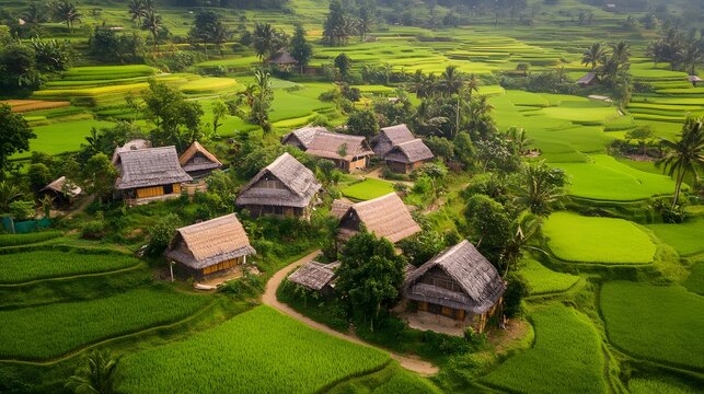 A small rural village surrounded by vibrant rice fields, with thatched-roof houses