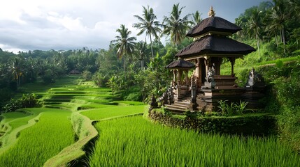 Obraz premium A traditional Balinese shrine nestled among lush green rice paddies