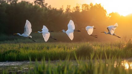 A group of white egrets flying low over a rice paddy at sunrise