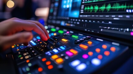 Fototapeta premium Audio Engineering: A Close-Up of Hands Adjusting a Mixing Console