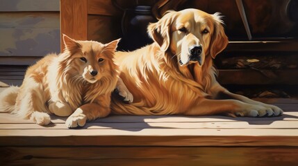 A heartwarming scene of a tabby cat and a golden retriever lying side by side on a sunlit porch their tails entwined in a symbol of friendship capturing the serene and affectionate bond between the ca