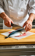 Obraz premium A chef fillet a sardine fish on a cutting board.