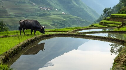 A water buffalo grazing beside a rice terrace, its reflection visible in the water