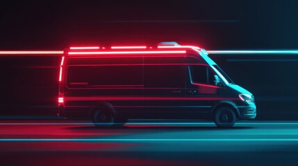 Futuristic Emergency Vehicle in Motion with Neon Lights on a Dark Urban Road Capturing Dynamic Speed and Modern Emergency Response