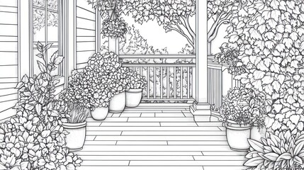 Fototapeta premium Exterior Patio Sketch, Plants, Sunny Day, Peaceful Scene, Coloring Book
