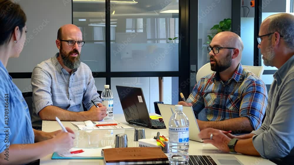 Poster a small group of professionals collaborates around a table in a modern office, discussing ideas and 