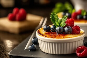 Elegant creme brulee presented in ramekins, topped with fresh blueberries and raspberries.