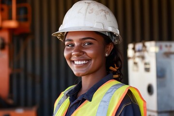 Young woman in engineering showcases confidence and professionalism on site.