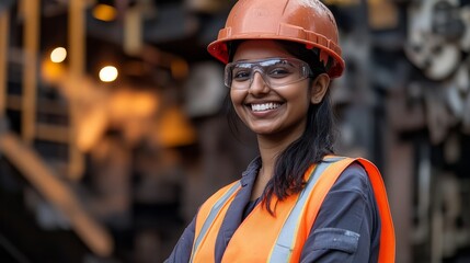 Professional Female Engineer Showcasing Safety Equipment on Site