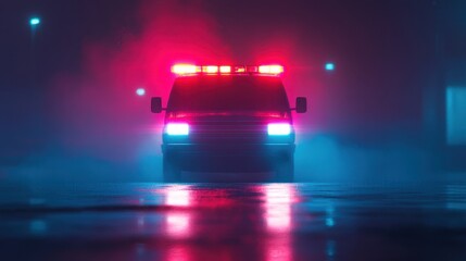 Emergency vehicle illuminated by vibrant red and blue lights in a foggy night scene highlighting urgency and rescue operations in urban environment