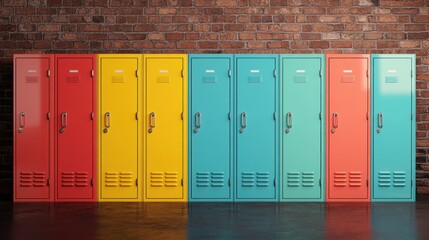 Fototapeta premium Colorful Row of Retro Metal Lockers against a Vintage Brick Wall in a Modern Urban Space for Creative and Contemporary Design Use