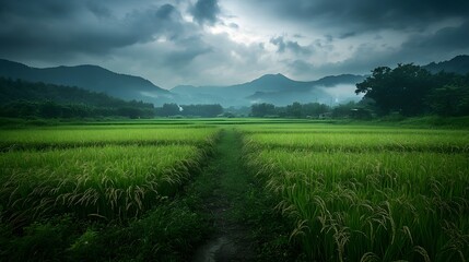 A post-apocalyptic overgrown rice field, nature reclaiming abandoned farmland