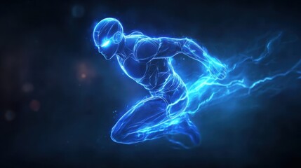 Futuristic Blue Neon Concept of a Sci-Fi Human Figure in Motion with Energy Trails Against a Dark Background for Digital Art and Design Projects