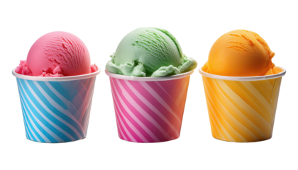 Colorful Ice cream balls in paper cup Isolated On PNG Transparent and White Background 