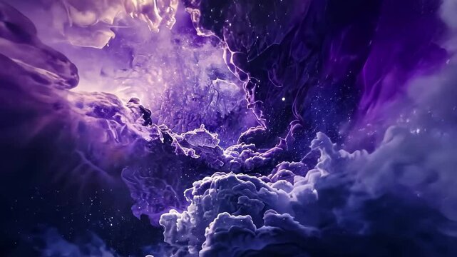 Vibrant purple and dark clouds swirl together in a cosmic landscape, softly illuminated by twinkling stars in the background during twilight.