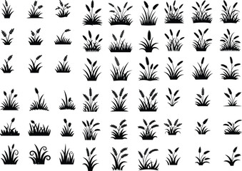 Vector set of green grass silhouettes isolated on white background. Natural, eco, bio, organic. Realistic green grass. Bushes of fresh greens. Spring meadow. Summer lawn. Glade with plants. grass 